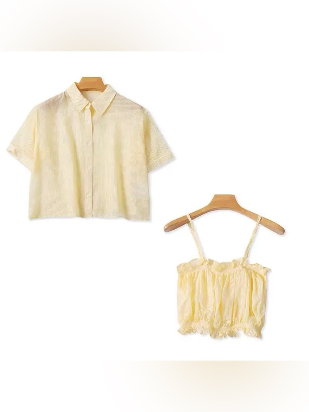 Cropped Short-Sleeve Button-Front Shirt - Pale Yellow（2 pieces)